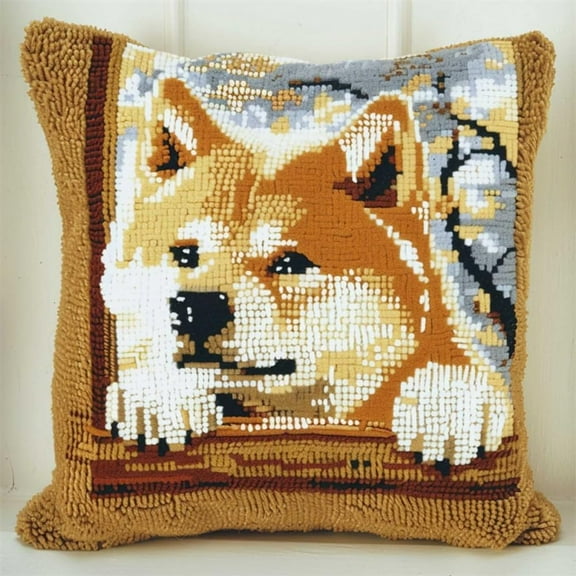 Pet Dog Latch Hook Craft Kits Shiba Inu Animal Cushion Pillow Front Chunky Cross Stitch Kits DIY Embroidery Needlepoint Kit for Home Dcor 17x17in