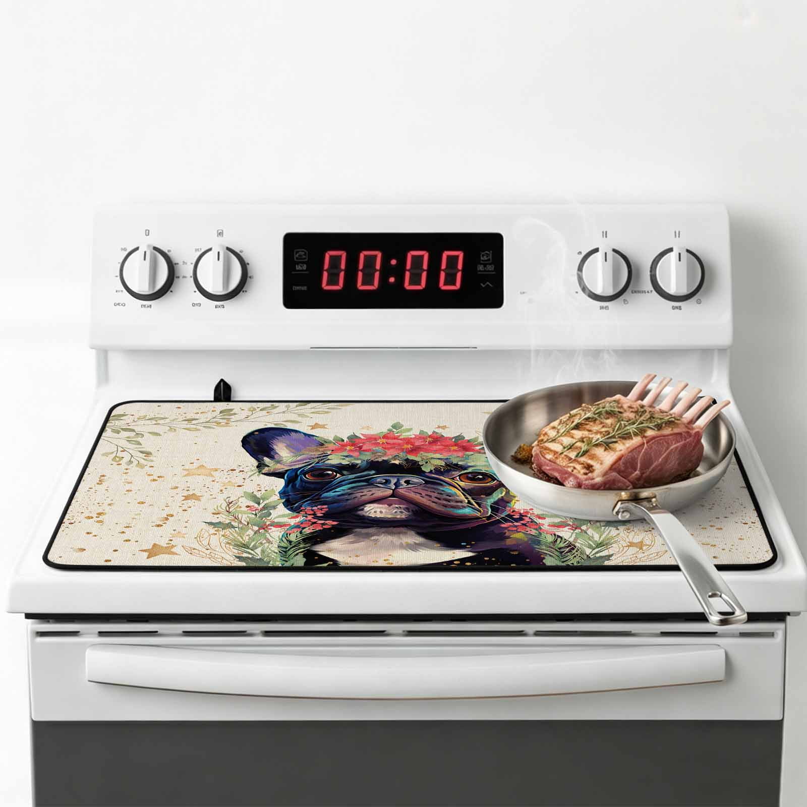 Pet Dog Leaves, Stove Top Cover for Electric Stove, Heat-proof & Non Slip Glass Top Stove Cover Protector, Farmhouse Flower Stars Watercolor Kitchen Flat Cooktop Rubber Mat 24x21 Inches