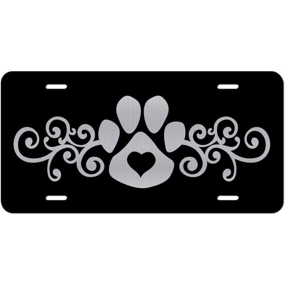 Pet Dog Love Dog Mom Etched Front Vanity License Plates (Dog Paw Heart Embellishment)
