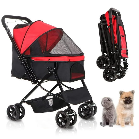 Pet Dog Stroller Four Wheels, Foldable with Storage Basket, Wagon for Cats, Dogs, Pet Babies Red