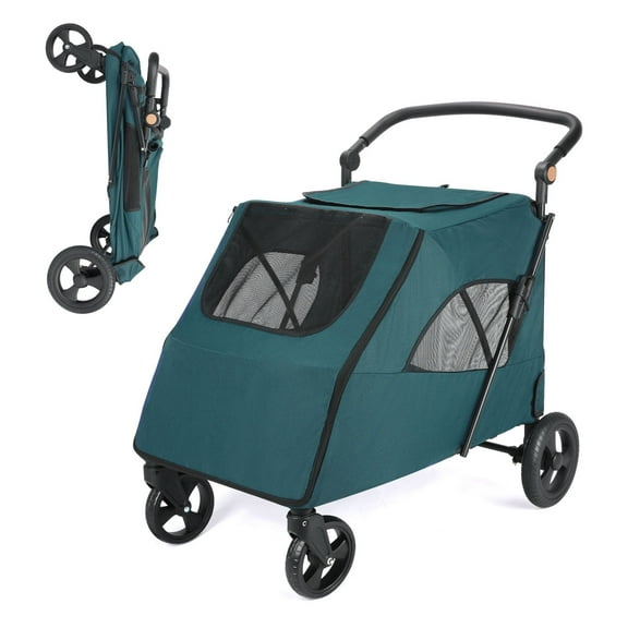 Pet Dog Stroller for Large Dogs - Wedyvko Foldable Jogger 4 Wheels Pet Stroller with Adjustable Handle for Small to Large Dogs and Other Pet Travel (Dark Green)