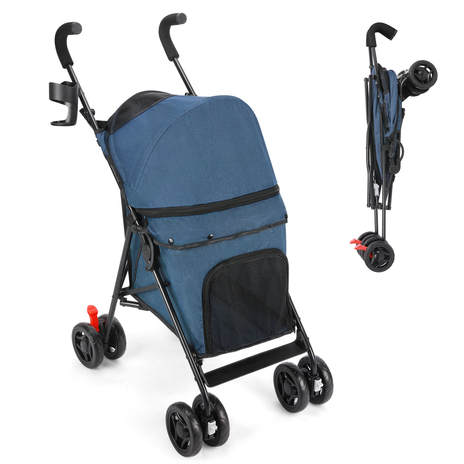 Pet Dog Stroller, Wedyvko 4 Wheels Foldable Dogs and Cat Strollers with Cup Holder for Small and