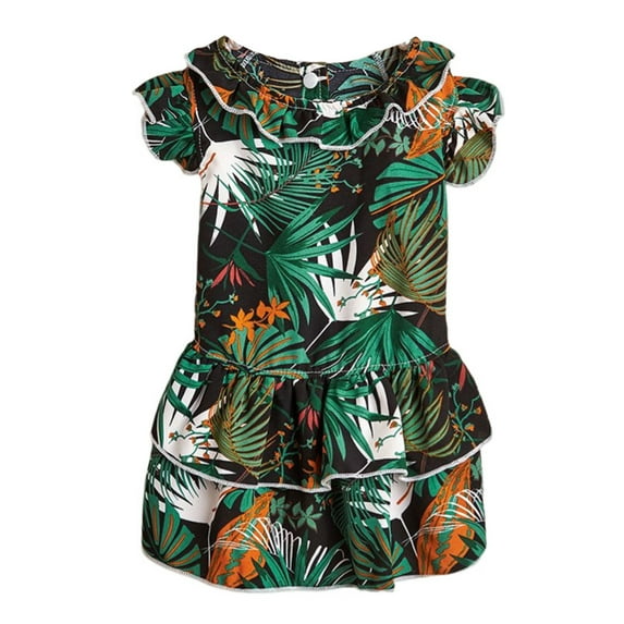 Pet Dog Summer Clothes Outfits Palm Leaf Print Pleated Edge Press Buckle Dresses Small to Medium Puppy, Dogs and Cats