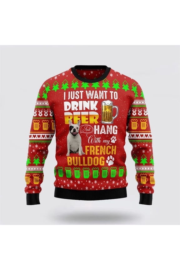 Pet Dog Sweater, Drink Beer With French BulldogUgly Christmas Sweater, Gift For Dog Love, Winter Fashion