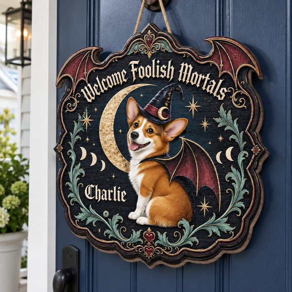 Pet Door Sign, Personalized Welcome Foolish Mortals Devil Dog, Wood Wall Decor for Halloween