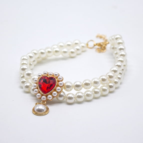 Pet Double Pearl Necklace, Cat Dog Gemstone Pendant Princess Collar, Red 1Pc