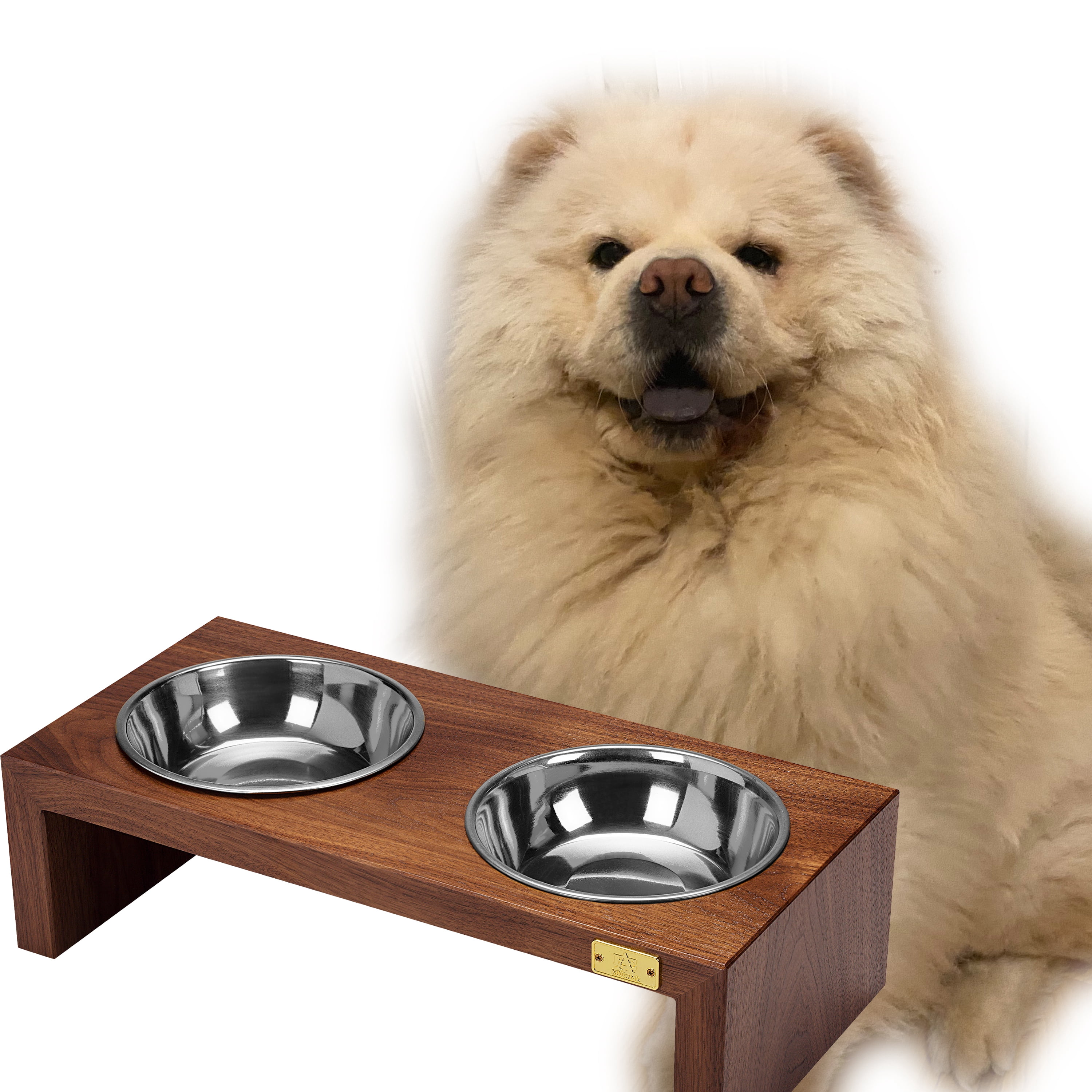 Pet Double SIlver Bowl Feeder Luxury Walnut Wood Station Large