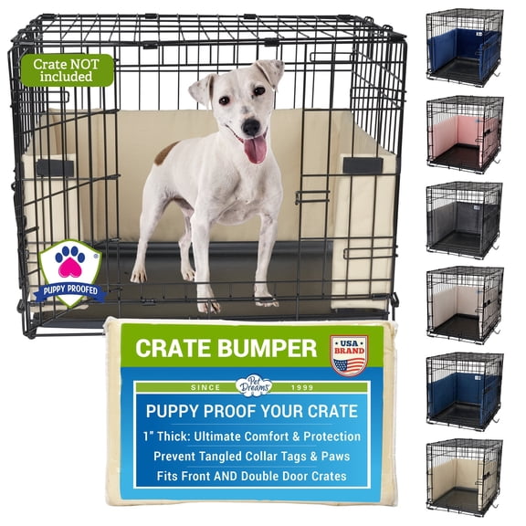 Pet Dreams Dog Crate Bumper - Comfy Liner & Dog Tail Protector for Inside Crate, Fits iCrate Cages 18, 24, 30, 36, 42, 48 Inches Khaki, Large, 36"
