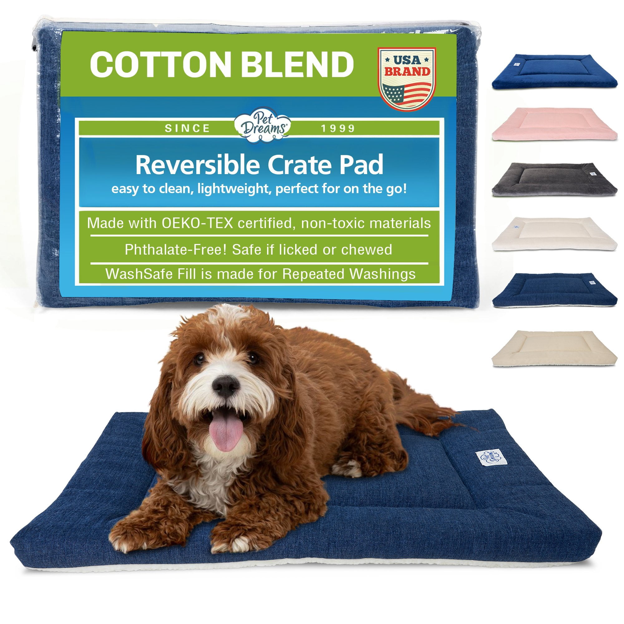 Pet Dreams Dog Crate Pad - Washable Kennel Mat, Crate Pads for Dog Cages, Non-Toxic, Flat Indoor Cat Bed, Fits iCrate 18, 24, 30, 36, 42, 48 Inches Denim, X Small, 18"