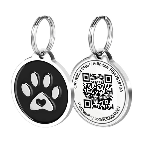 Pet Dwelling 2D QR Code Pet ID Tag - Dog Tags - Cat Tags - Online Pet Profile - Instant Email Alert - Scan Tag GPS Location(Black Paw)