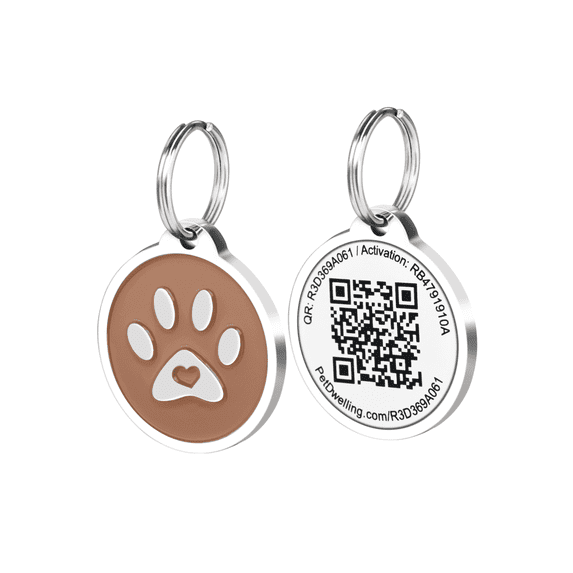 Pet Dwelling 2D QR Code Pet ID Tag - Dog Tags - Cat Tags - Online Pet Profile - Instant Email Alert - Scan Tag GPS Location(Brown Paw)