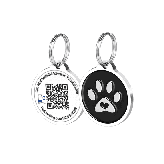 Pet Dwelling Smart NFC-QR Code Pet ID Tag - Online Pet Profile - Instant Email Alert - Scanned QR Tag GPS Location (Black Paw)