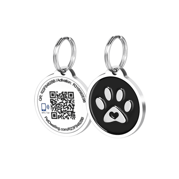 Pet Dwelling Smart NFC-QR Code Pet ID Tag - Online Pet Profile - Instant Email Alert - Scanned QR Tag GPS Location (Black Paw)