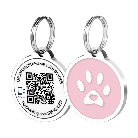 Pet Dwelling Smart NFC-QR Code Pet ID Tag - Online Pet Profile - Instant Email Alert - Scanned QR Tag GPS Location (Pink Paw)