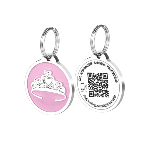 Pet Dwelling Smart NFC-QR Code Pet ID Tag - Online Pet Profile - Instant Email Alert - Scanned QR Tag GPS Location (Pink Tiara)