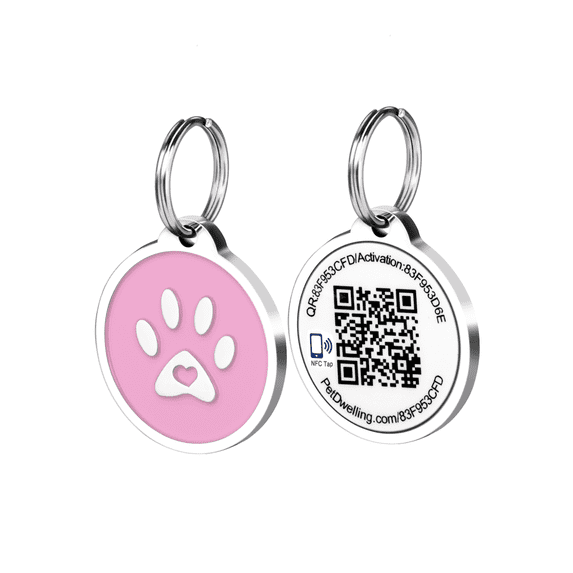 Pet Dwelling Smart NFC-QR Code Pet ID Tag - Online Pet Profile - Instant Email Alert - Scanned QR Tag GPS Location (Purple Paw)