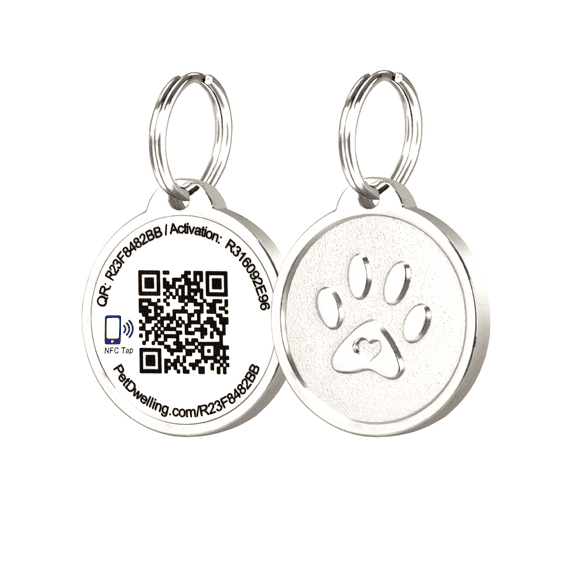 Pet Dwelling Smart NFC-QR Code Pet ID Tag - Online Pet Profile - Instant Email Alert - Scanned QR Tag GPS Location (Silver Paw)