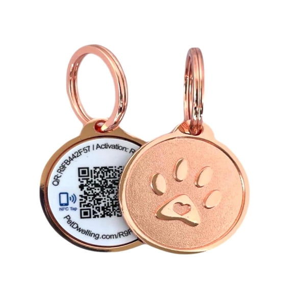 Pet Dwelling Smart QR Code-NFC Pet ID Tag - Dog Tags - Cat Tags - Online Pet Profile - Instant Email Alert -Scanned QR Tag GPS Location (Rose Gold Paw)