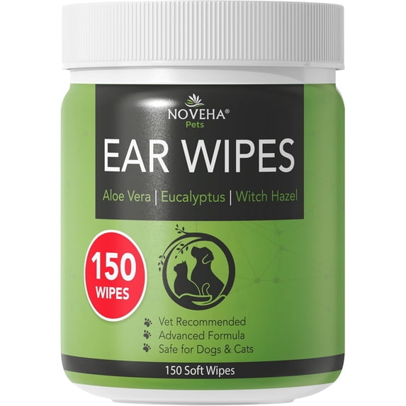 NOVEHA 150PCs Dog Ear Cleaner Wipes, Daily Ear Cleaner for Dogs & Cats - Stop Ear Itching with Aloe, Eucalyptus & Witch Hazel Ear Wipes for Dogs - for Odor Control, Dirt and Wax Removal, Unscented