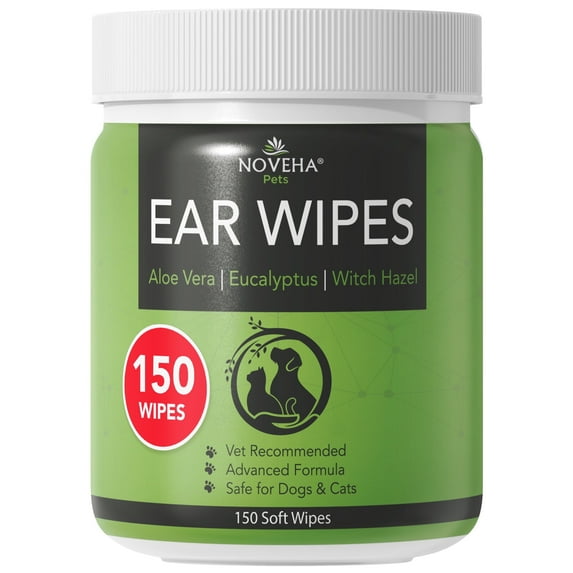 NOVEHA 150PCs Dog Ear Cleaner Wipes, Daily Ear Cleaner for Dogs & Cats - Stop Ear Itching with Aloe, Eucalyptus & Witch Hazel Ear Wipes for Dogs - for Odor Control, Dirt and Wax Removal, Unscented