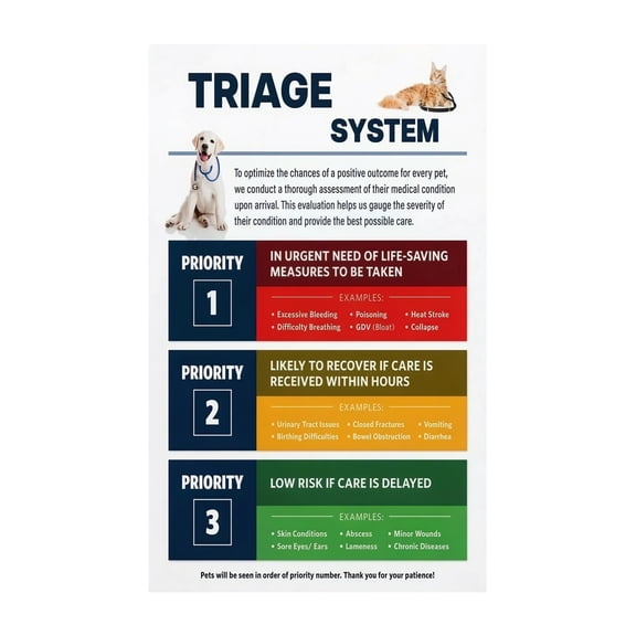 Pet Emergency Care Triage Chart First Aid Reference Guide Educational Poster for Veterinary Clinic Animal Training Facility