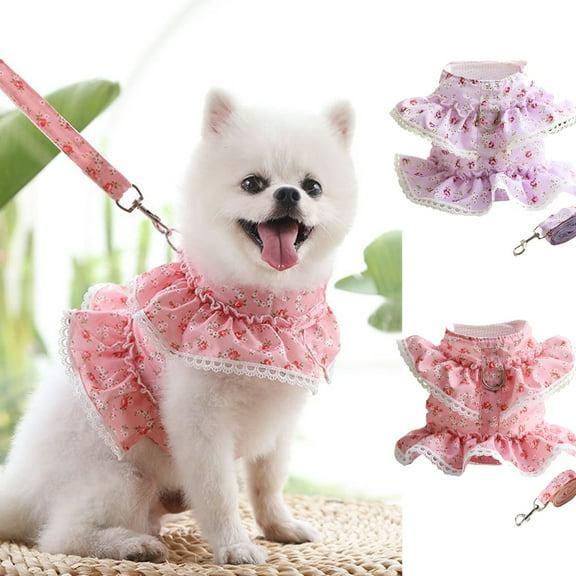 Pet Enjoy Cute Dog Dress Harness,Purple/Rose Red Pet Printing Ruffled Hem Dresses and Leash Set,Adjustable Lace Skirt Harness Leash for Walking Training