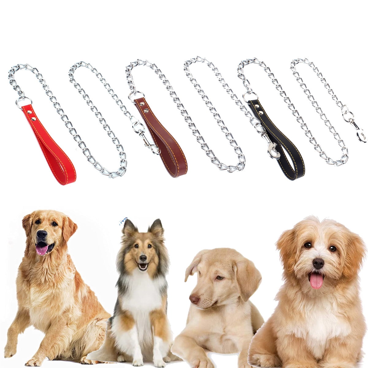 Pet Enjoy Durable Metal Chain Dog Leash Faux Leather Dog Collar