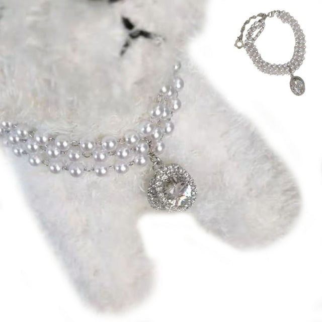 Pet Enjoy Exquisite Dog Pearl Collar Necklace,Sparkling 3 Rows Pearl Pet Necklace with Faux Rhinestone Pendant,Pet Pearl Neck Strap for Dogs Cats Puppy Kitten