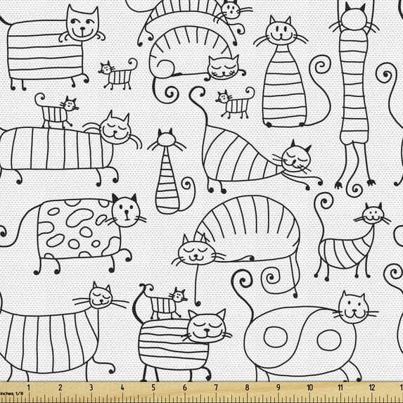 Ambesonne Pet Fabric by the Yard Upholstery, Kittens Pattern, 1 Yard, White Black
