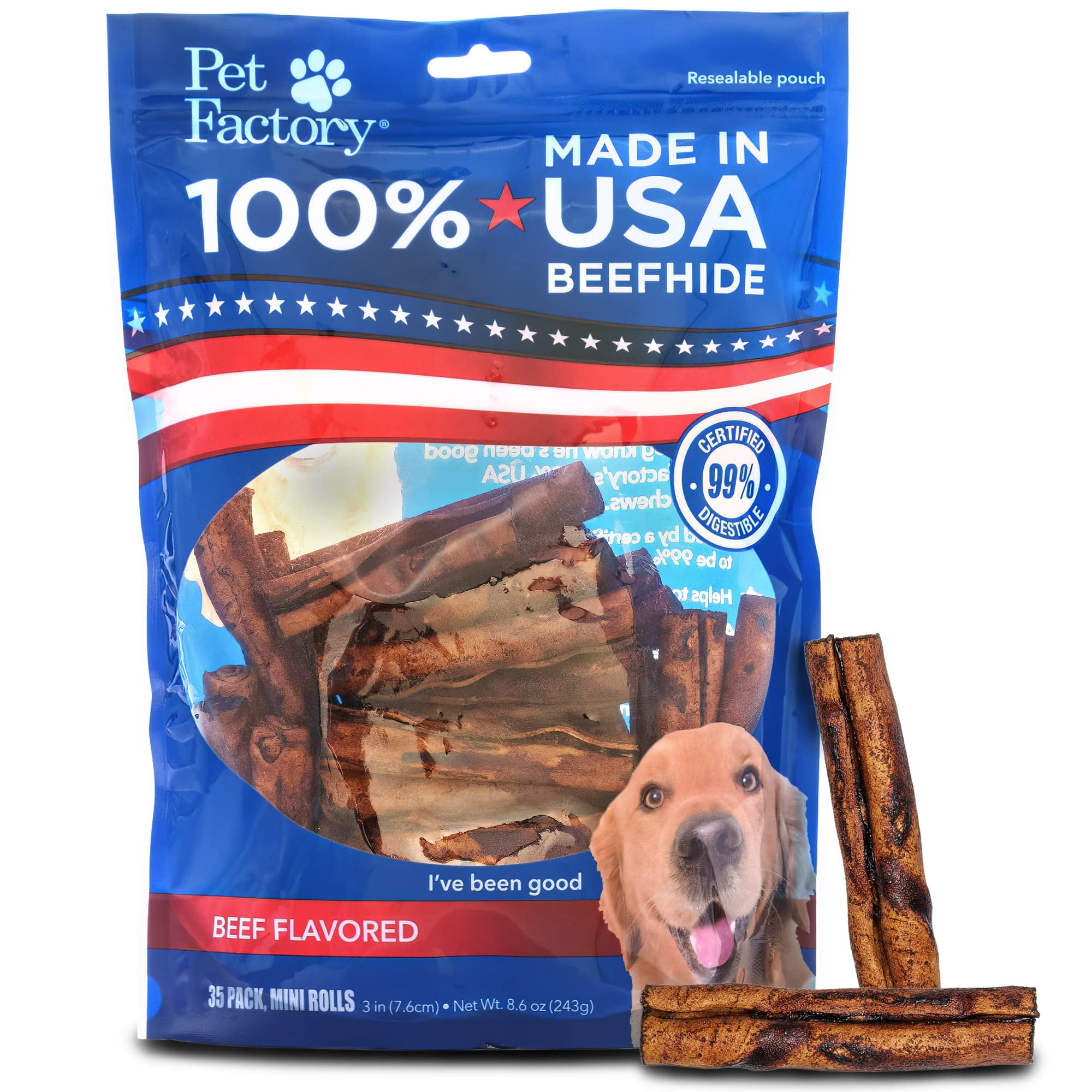 Long Lasting Dog Bones Pet Factory - 100% Made In USA Natural Rawhide Rolls, 10 Count Beefhide Dog Chews