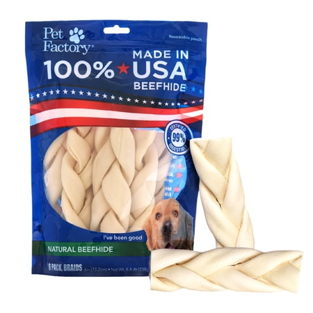 Pet Factory 100% Made in Beefhide 6" Braided Sticks Dog Chew Treats - Natural Flavor, 6 Count/1 Pack