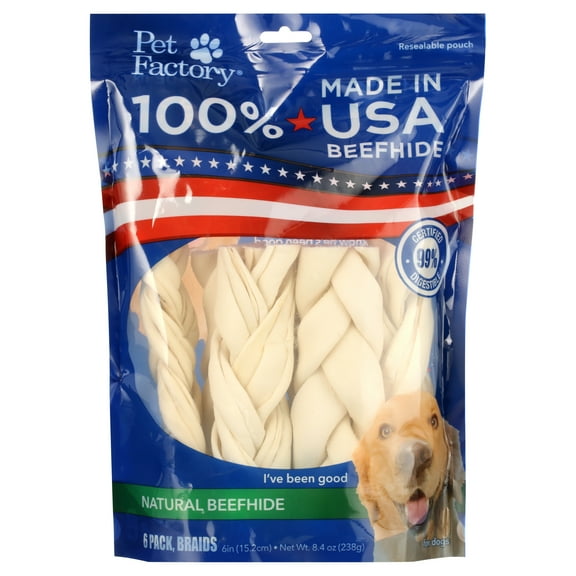 Pet Factory 100% Made in Beefhide 6" Braided Sticks Dog Chew Treats - Natural Flavor, 6 Count/1 Pack
