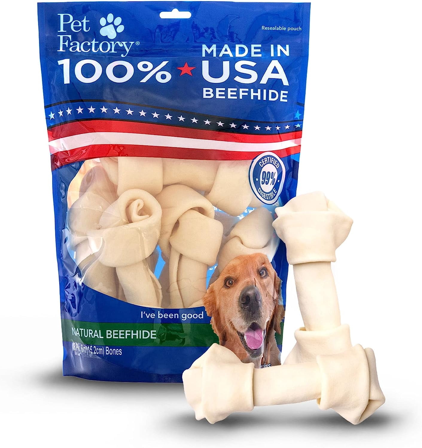 Pet Factory 100% Made in USA Beefhide 6-7" Knotted Bones Dog Chew Treats - Natural Flavor, 8 Count