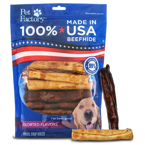 Pet Factory 100% Made in USA Beefhide Chip Rolls Assorted Flavors (Beef & Chicken) 5", 18 Count
