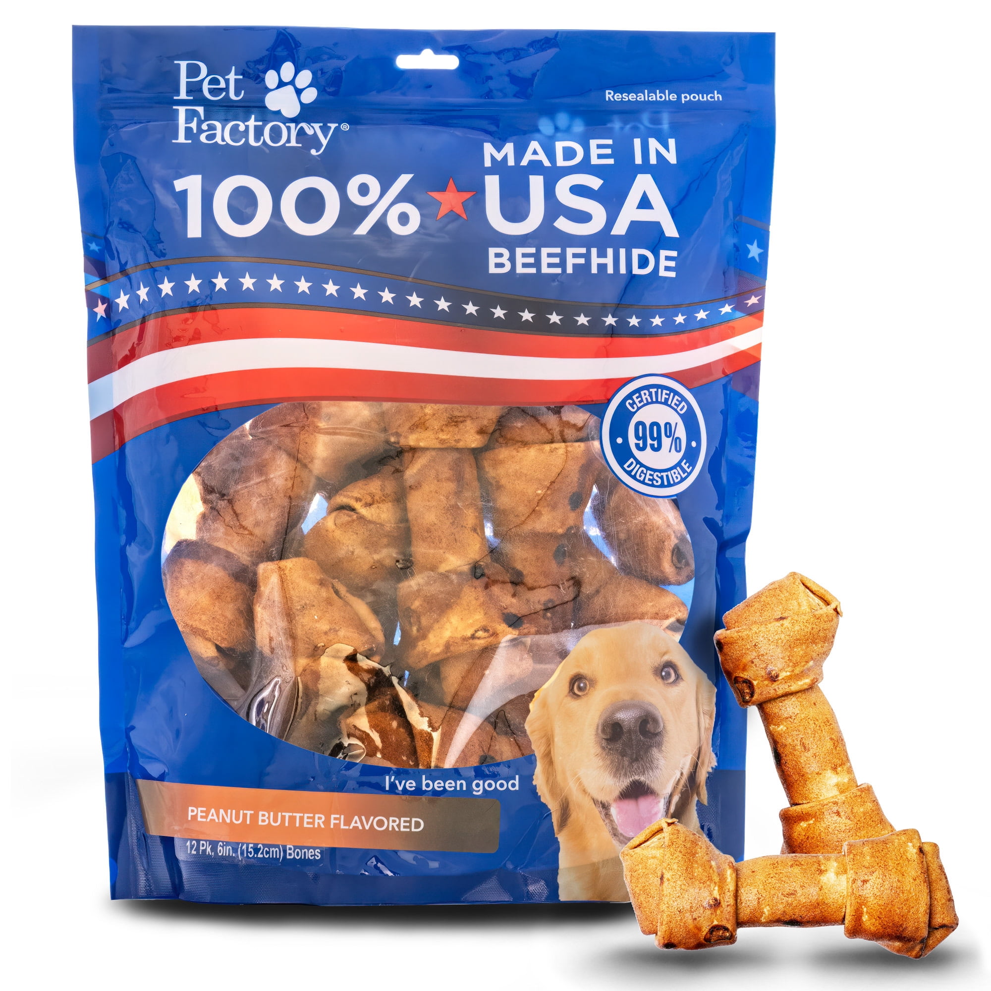 Pet Factory Beefhide Bones Peanut Butter Flavored - 6