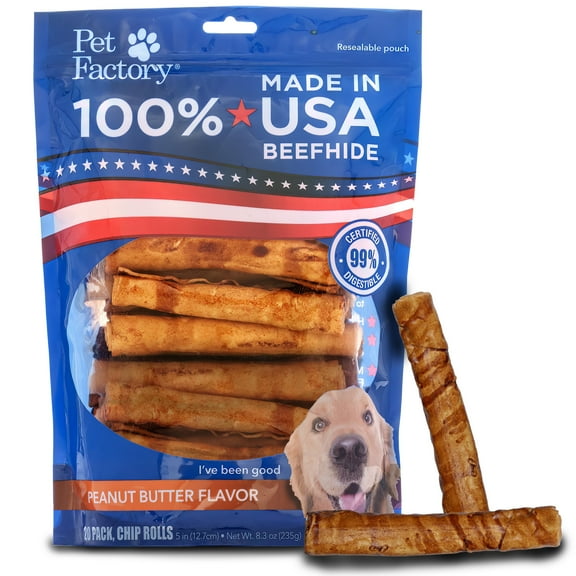 Pet Factory 100% Made in USA Beefhide Peanut Butter Bones & Antler Treats for Dogs, 5" 20 Count