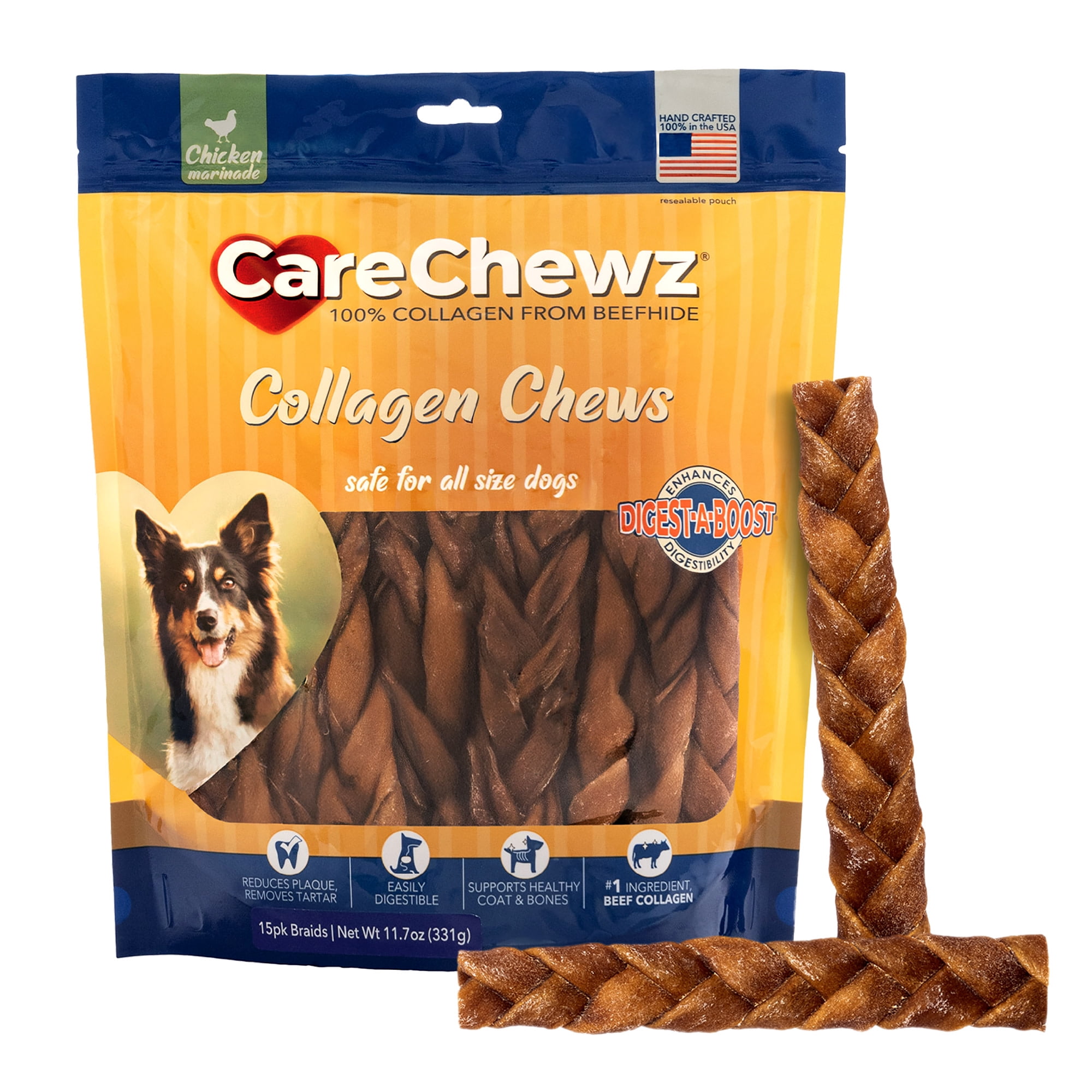 Pet Factory CareChewz Collagen 6-7" Skinny Braided Sticks Dog Chew Treats - Chicken Flavor, 15 Count/1 Pack
