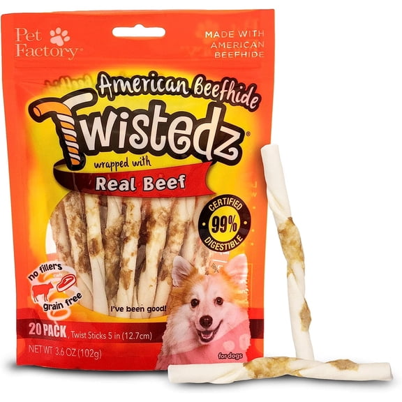 Pet Factory Twistedz American Beefhide Twist Sticks w/ Beef Meat Wrap - 5", 20 Count