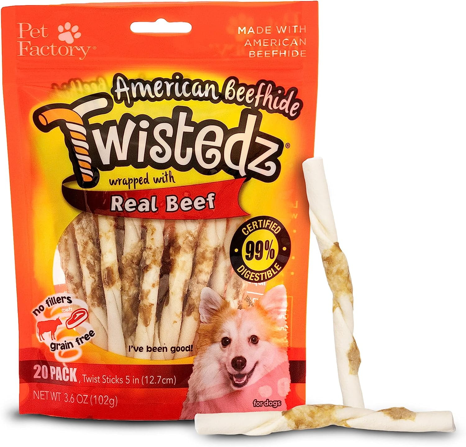 Pet Factory Twistedz American Beefhide Twist Sticks w/ Beef Meat Wrap 5", 20 Count