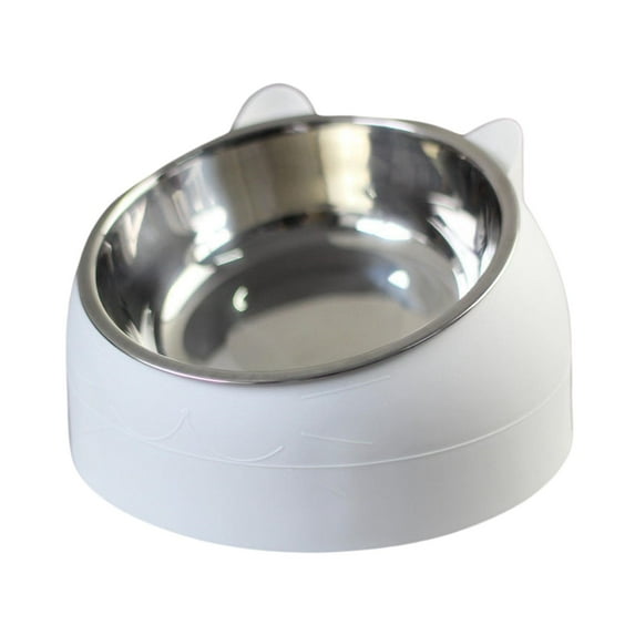 Pet Feeder Raised Container Anti Slip Pet Supplies Stainless Steel Tilted Elevated Food Feeder Drinking Cat Dog Bowl for Puppy Indoor Cats , White