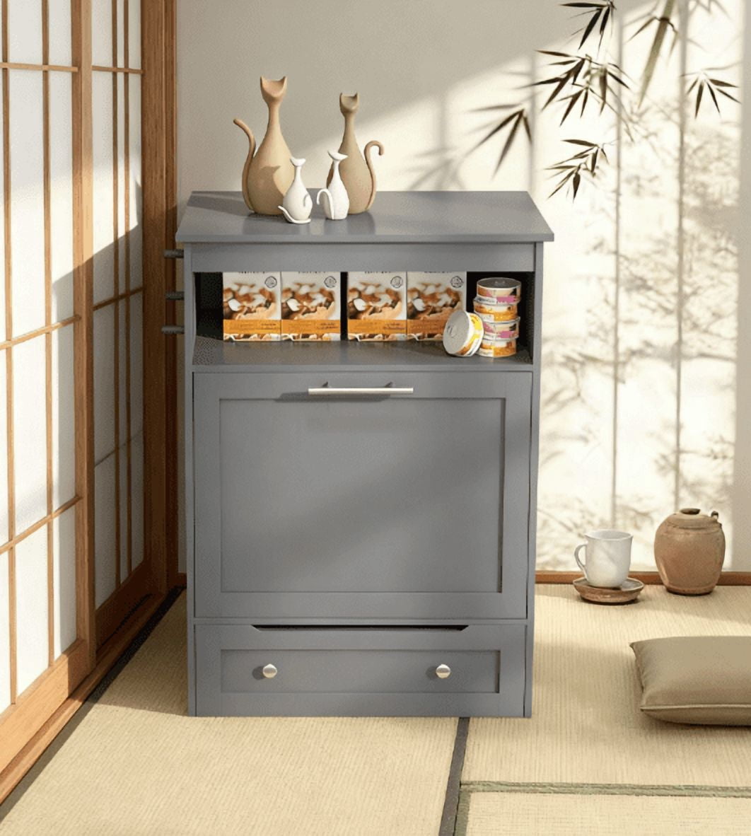 Pet Feeder Station Storage Cabinet with Dog Raised Bowls, Gray