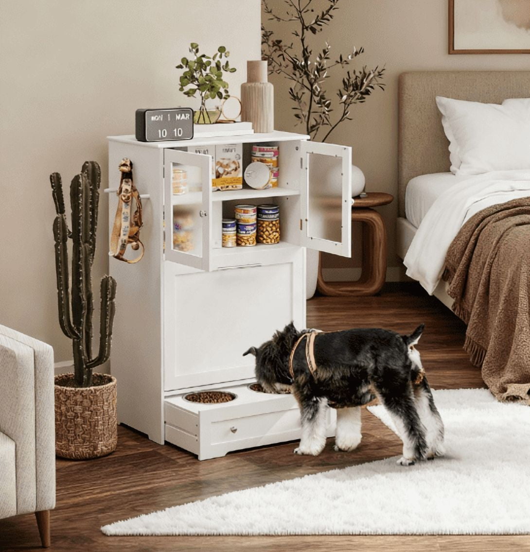 Pet Feeder Station Storage Cabinet with Dog Raised Bowls, White