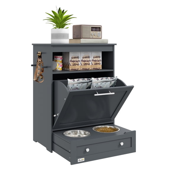 Pet Feeder Station with Storage, Dog Food Container & Raised Bowls, Gray