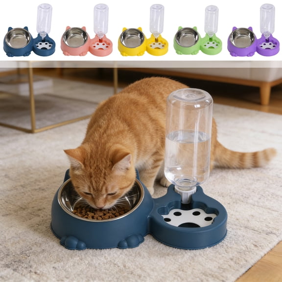 Pet Feeder and Water Dispenser Set Multicolor – Automatic Gravity Waterer withStainless Steel Bowl, Plastic Base, 28x19.5x9cm, 1 Unit