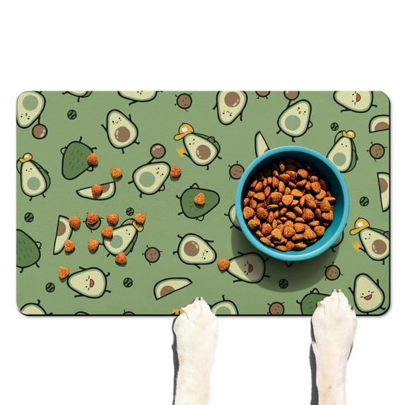 Pet Feeding Mat 16x24 Inch with Green Avocado Pattern, Durable Waterproof Dog Food Mat, Absorbent, Non-Slip, Quick Dry, Washable, Easy Clean Mat for Dogs and Cats