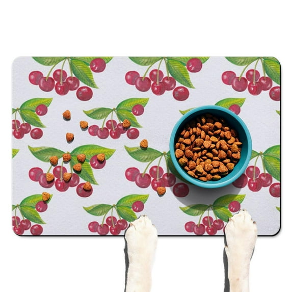 Pet Feeding Mat 16x24 Inch with Sweet Cherry Pattern, Durable Waterproof Dog Food Mat, Absorbent, Non-Slip, Quick Dry, Washable Mat Featuring Cute Candy Art Illustration