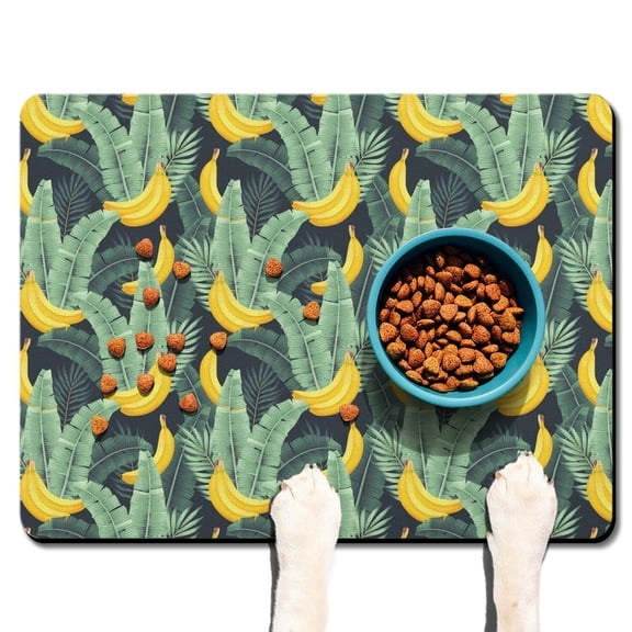 Pet Feeding Mat 16x24 Inch with Tropical Banana Pattern, Durable Waterproof Dog Food Mat, Absorbent, Non-Slip, Quick Dry, Washable Mat Featuring Cute Banana Painting