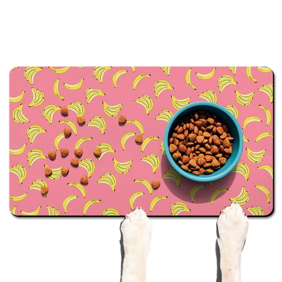 Pet Feeding Mat 16x24 Inch with Tropical Banana Pattern, Durable Waterproof Dog Food Mat, Absorbent, Non-Slip, Quick Dry, Washable Mat Featuring Cute Banana Painting