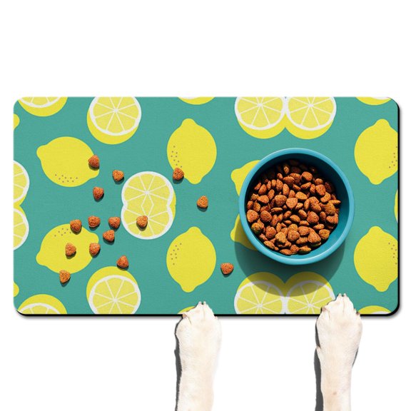 Pet Feeding Mat 16x24 Inch with Bright Lemon Artwork, Durable Waterproof Dog Food Mat, Absorbent, Non-Slip, Quick Dry, Washable Mat for Dogs and Cats