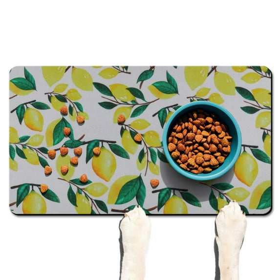 Pet Feeding Mat 16x24 Inch with Modern Lemon Design, Durable Waterproof Dog Food Mat, Absorbent, Non-Slip, Quick Dry, Washable Mat for Dogs and Cats